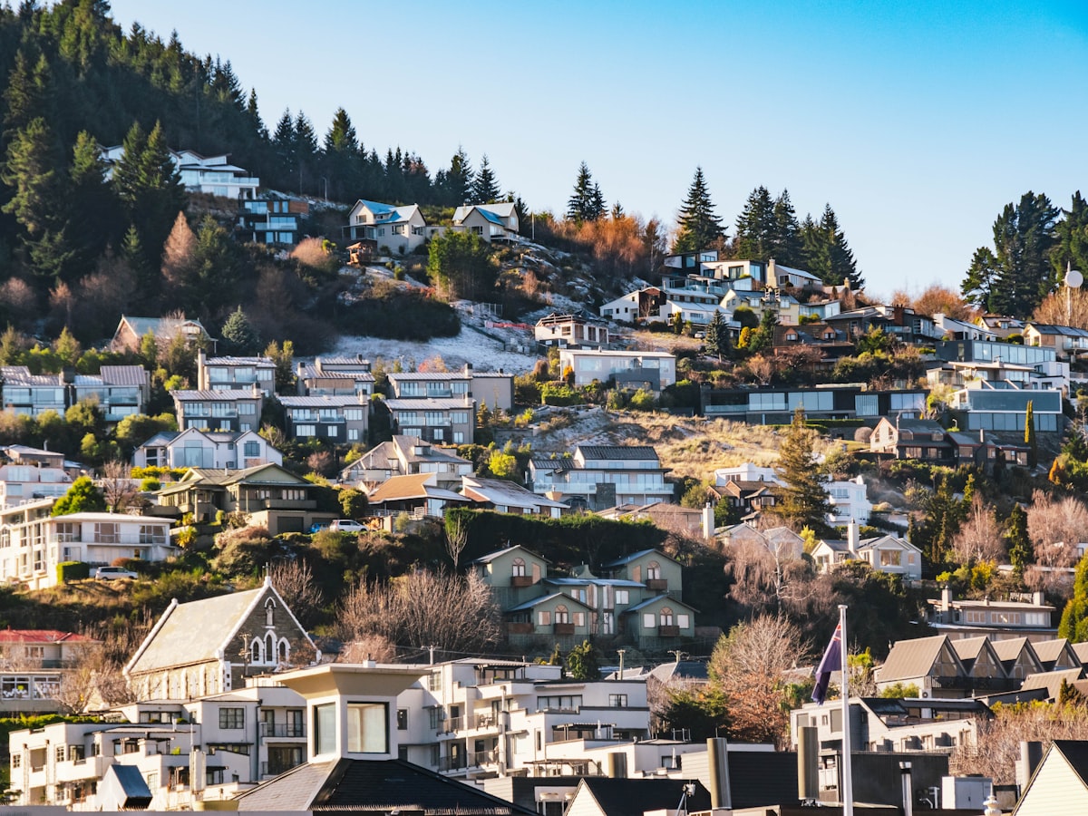 Housing stepping up a hillside above Queenstown, New Zealand